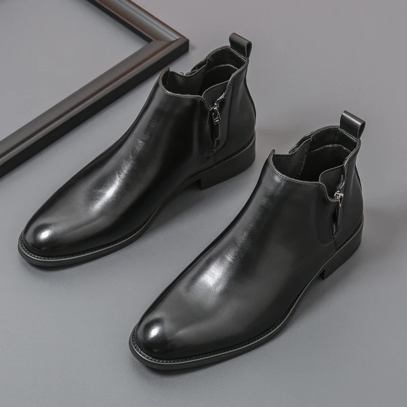 

Мужские ботинки челси из искусственной кожи, однотонные удобные классические повседневные деловые ботильоны на низком каблуке с высоким берцем