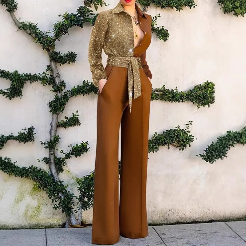 New Women's Fashion Long Sleeve Romper Long Pants Jumpsuit Spring Summer Sexy V-neck Casual Patchwork Jumpsuits Women Streetwear