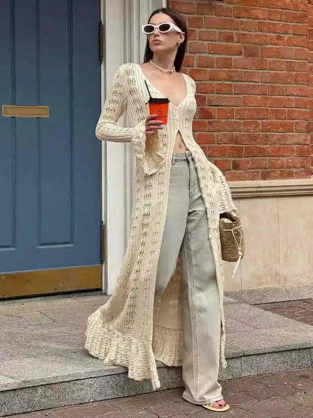 

Вязаный длинный кардиган с ажурным узором, свитер с V-образным вырезом, повседневный, женский, длинный, из полиэстера