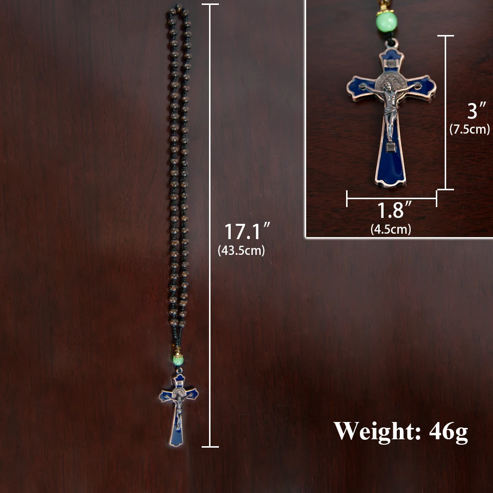 Orthodox Cross Pendant Necklace, Zinc Alloy, Blue Enamel Craft, Passion Theme, Pendant 3 Inches, Chain 17.1 Inches