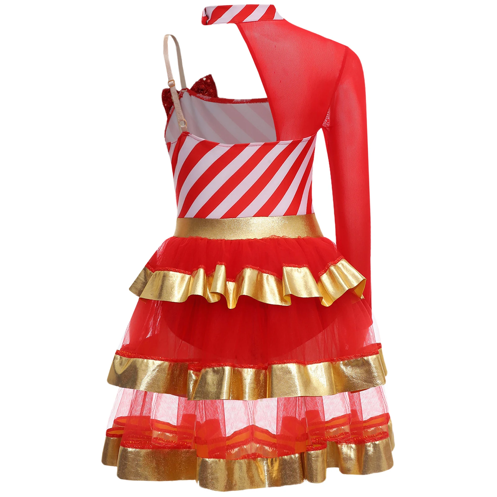 Girls Holiday Christmas Asymmetrical Shoulder Dance Figure Ice Skating Tiered Tutu Dress Sweetie Xmas Candy Cane Xmas Costumes