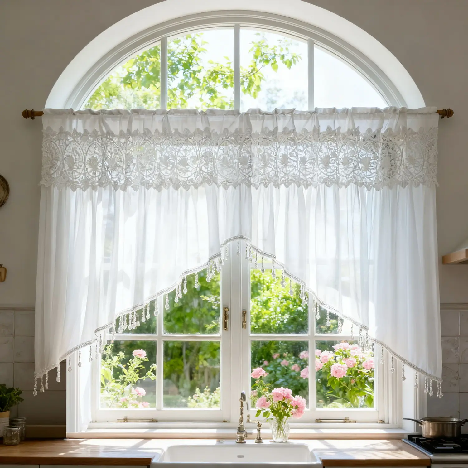 

1 шт., романтическая белая полая кружевная прозрачная занавеска для гостиной, оконная драпировка с бусинами, украшение для дома, жалюзи для кафе