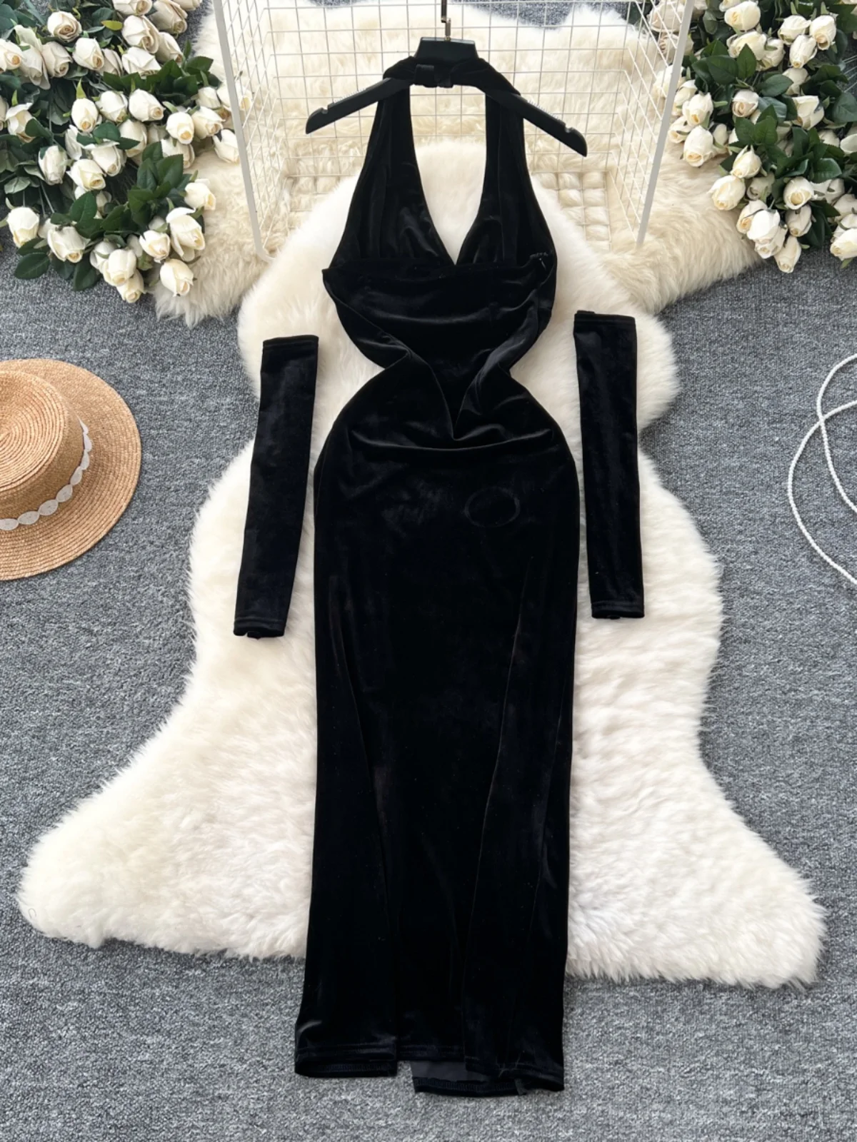 Ele Velvet Evening Dr with Deep V-Ne Bal Design for Women Sli High-Waisted A-Line Skirt Long Sve Mid-Length