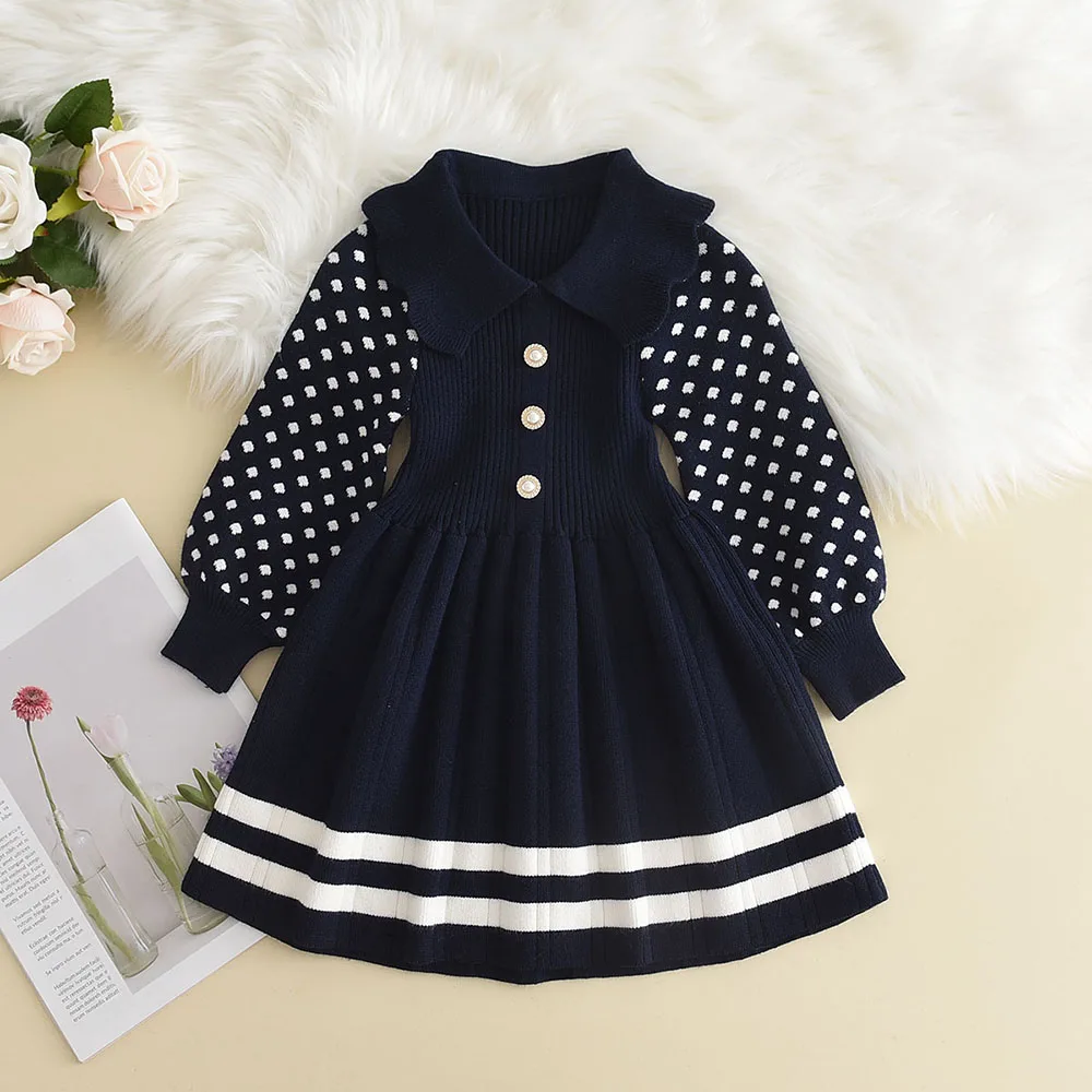 Bear Leader Girl Baby Sweater Knitted Dress Warm Sweater Dress Polka Dots Girls Infant Casual Pleated Princess Dresses Vestidos