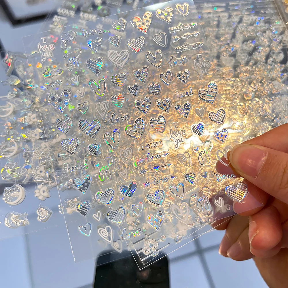 12 ピース/セットレーザースライバーバレンタインデーネイルステッカー 3D ハート/弓/唇/キス/愛ネイルデカール女性のためのマニキュア装飾スライダー