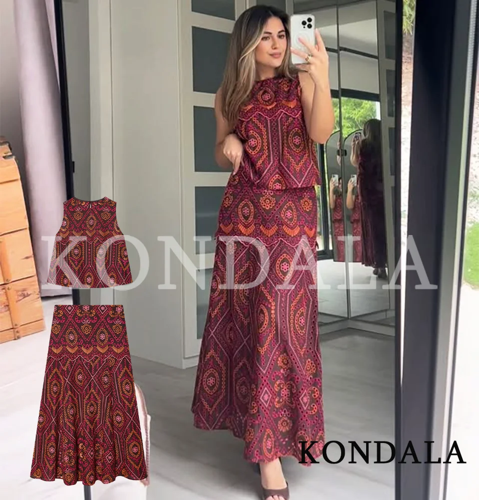 KONDALA Women Chic Embroidery Skirt Set Vacation Trendy Hollow Flower Tank Top Set 2026 Summer Fashion Ladies Elegant Skirt Set