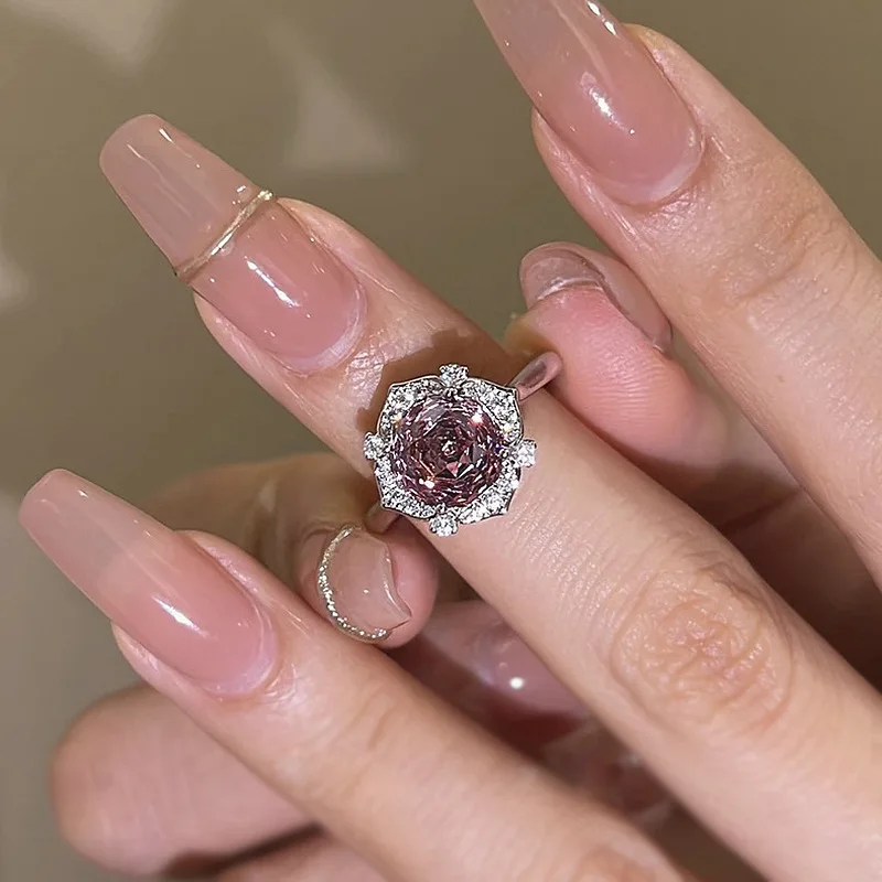 Xiaoyan 100% S925 Silver Imported High Carbon Diamond 8 * 8 Millennium Rose Cut Purple Diamond Women's Ring Exquisite Jewelry