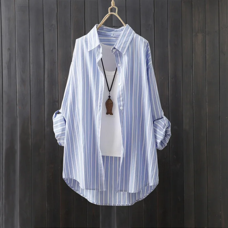 

Striped shirt women's summer mid-length large size loose casual sun protection shirt long-sleeved shirt cardigan thin jacket