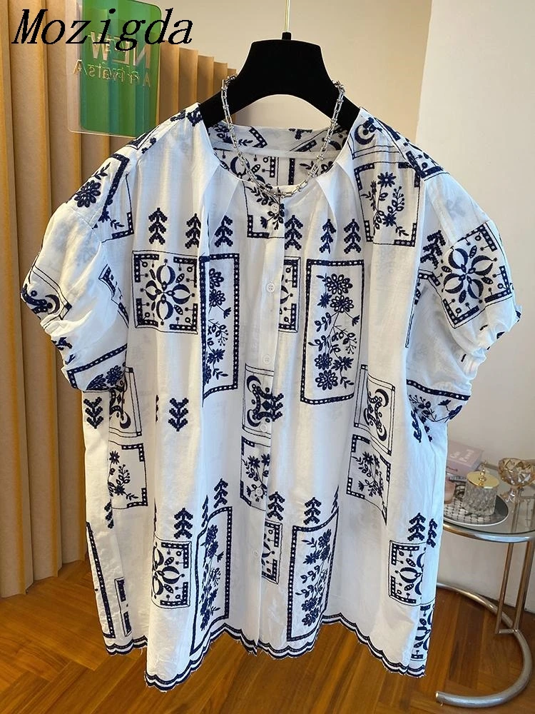 

Summer Premium Ethnic Embroidered Blouse Shirt Women Oversized Round Neck Short Sleeve Puff Sleeve Pullover Ladies Tops