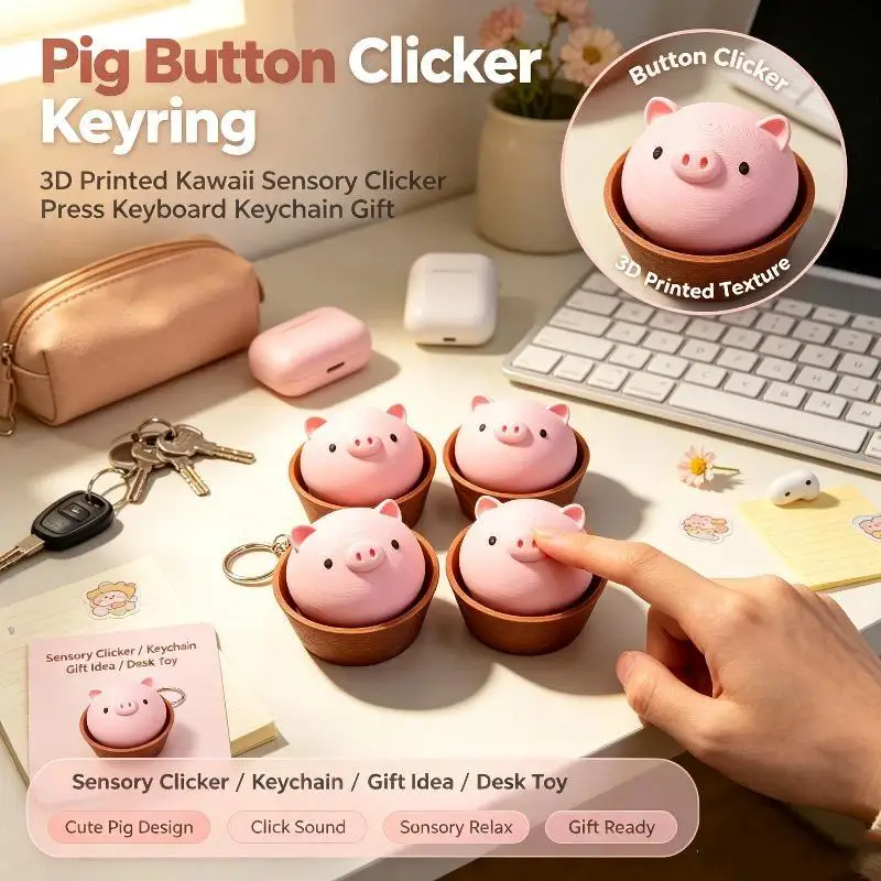 3D Printed Button Clicker Keyring Pig Kawaii Sensory Clicker Relaxed Creative Press Keyboard Keychain Gift