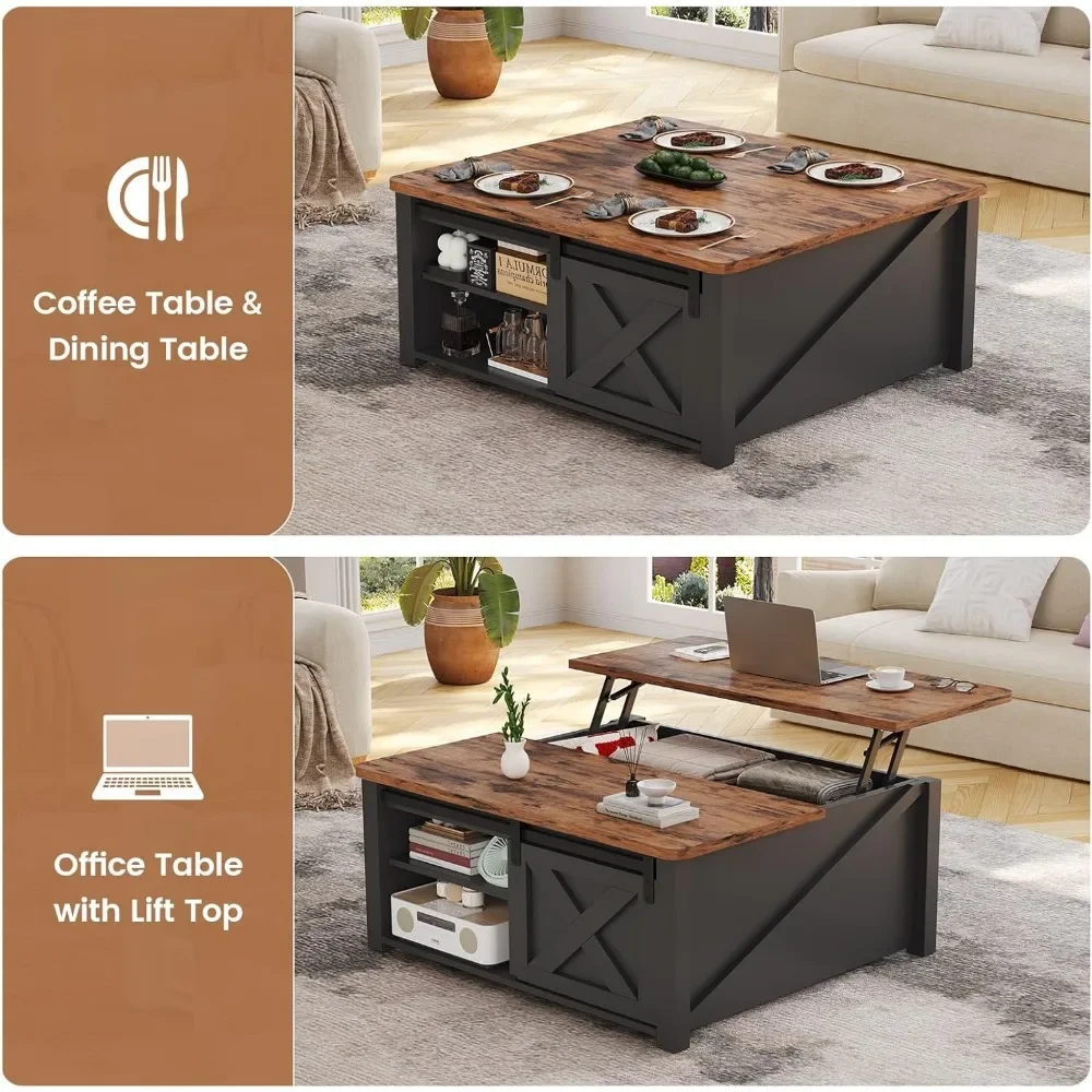 Mesa de centro elevable de 31,5" con almacenamiento, mesa de centro cuadrada para sala de estar, mesa de centro de granja con almacenamiento oculto grande