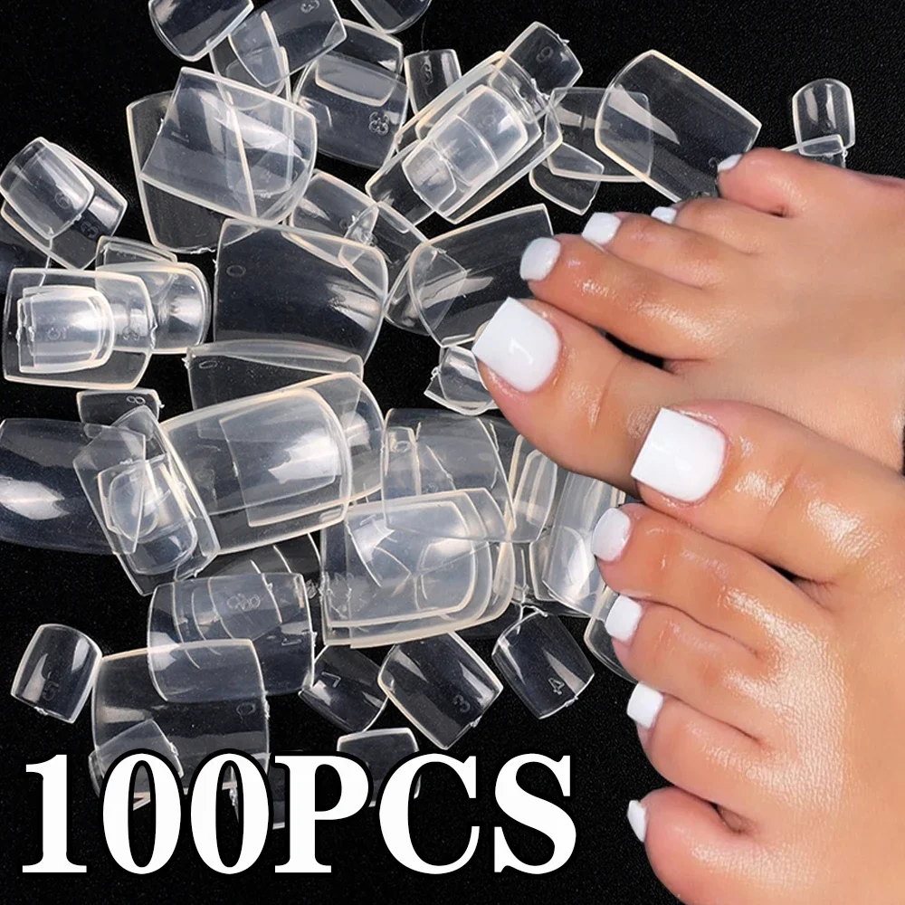 100pcs False Toes Nails French Square Nature White Clear Fake Toe Nails Feet Nail Tips Artificial Press on Toenails for Women