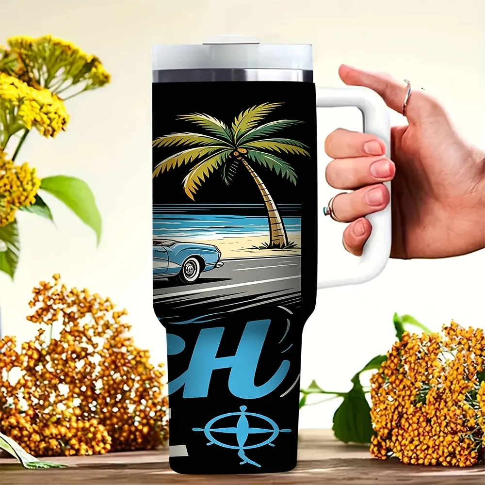 40Oz Tumbler with Handle, Cool Vintage Beach Car Themed Print for Summer Travel Enthusiasts And Beach Lovers, Suitable for Daily Use And Outdoor Vacation Activities, Can Hold Both Hot And Cold Drinks