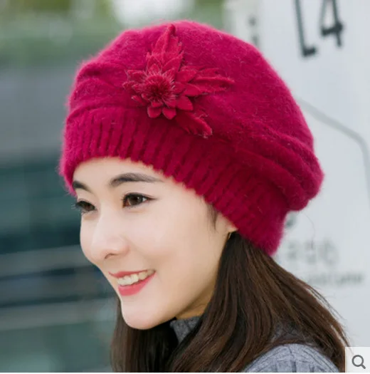 

Fashion Women's Knitted Hat Beret with Rabbit Fur Flower Winter Warm Slouchy Beanie for Women Ladies Casual Fall Cap