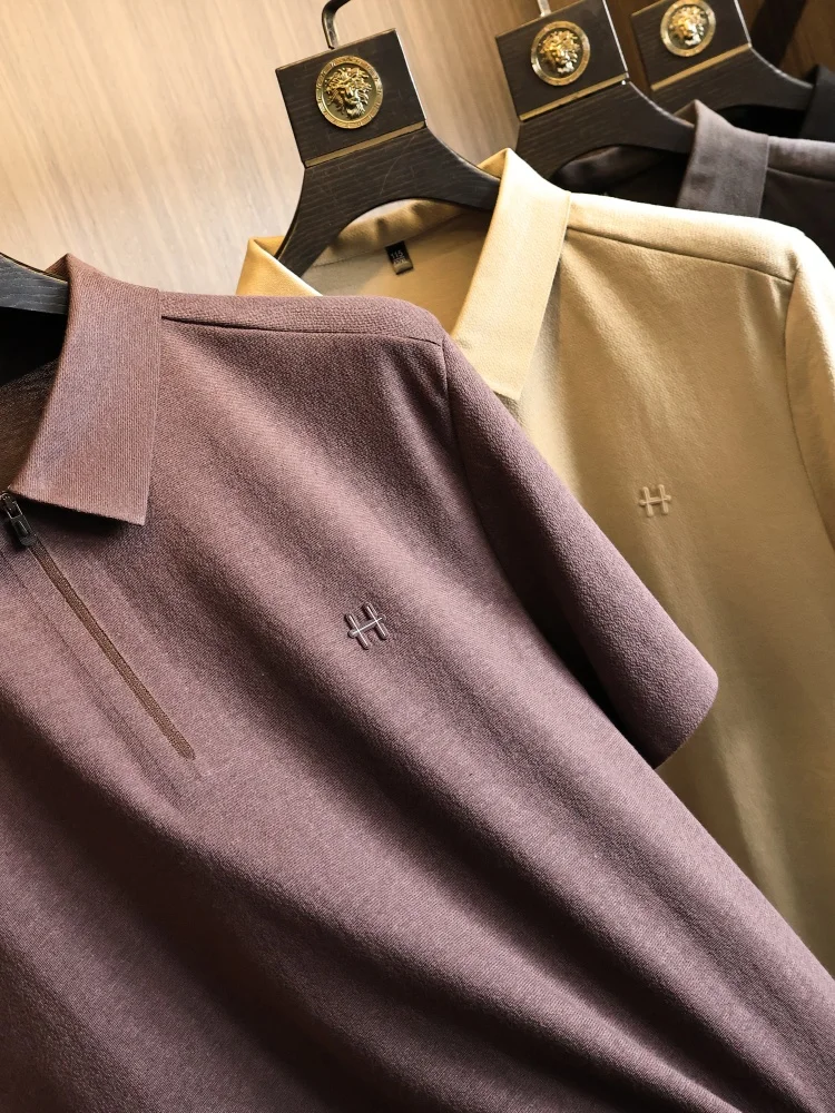 

Luxury Linen Blend Seamless Heat Pressed Summer Business Half Zipper Shirt Men's Short Sleeve Fashion Urban Style Breath...