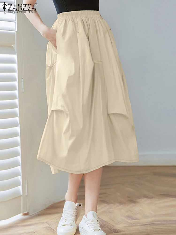 

2025 Summer High Waist Solid Skirts ZANZEA Fashion Women Overskirts Casual Holiday Midi Skirt Elegant A-line OL Work Faldas Saia