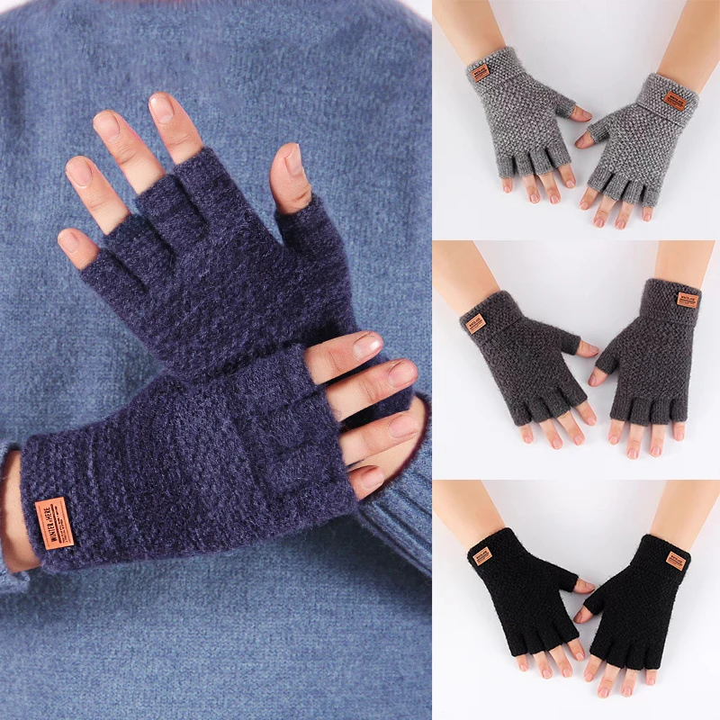 

Winter Men Knitted Gloves Touchscreen High Quality Wool Cashmere Gloves Solid Half Finger Gloves Outdoor Driving Male Mittens