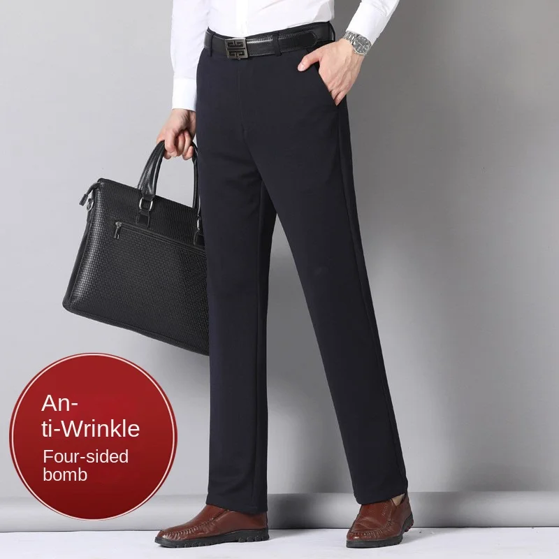 Winter Men\'s Business Warm Straight Casual Pants Male Clothing Flat Stretch Bamboo Office Overalls Thicken Fleece Trousers