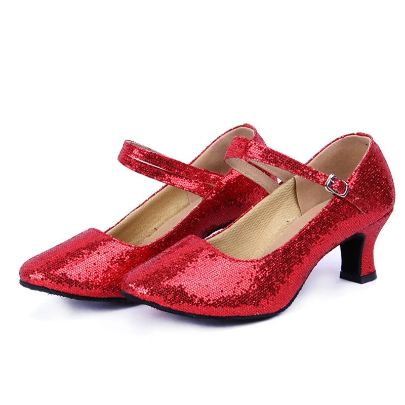 customized ladies adult mid heeled modern dance shoes soft soled dance shoes with sequined toe caps salsa latin dance shoes