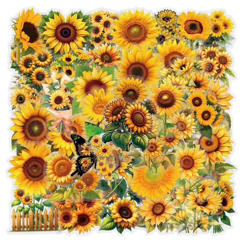 60PCS Kawaii Colored Sunflower PET Sticky Sticker Aesthetic Tear Open DIY Decoration Scrapbooking School Supplies for Kids