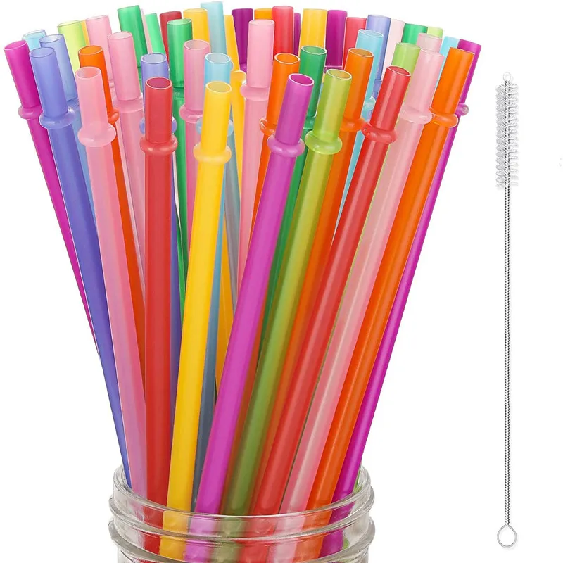 20pcs 23cm Long Hard Plastic PP Straws Reusable Drinking Straw with Ring for Tumblers with Cleaning Brush Individual Package