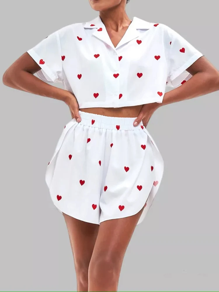 Hiloc Long Sleeve Print Sleepwear Women Pajama Lapel Crop Tops Love Pattern Lougerwear High Waist Slit Shorts Female Set 2024