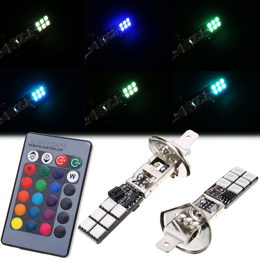 2pcs H1 RGB Fog Lights 5050 12SMD Daytime Running Lights with Remote Control Car Driving DRL Signal Bulb