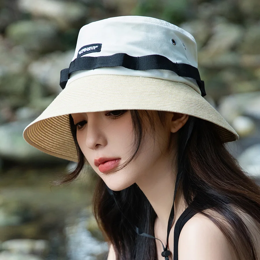 

Men Women Unisex Splicing Fine Straw Waterproof Hiking Hat Outdoor Travel Sunscreen Colorblocking Fisherman Hat Female Shade Hat