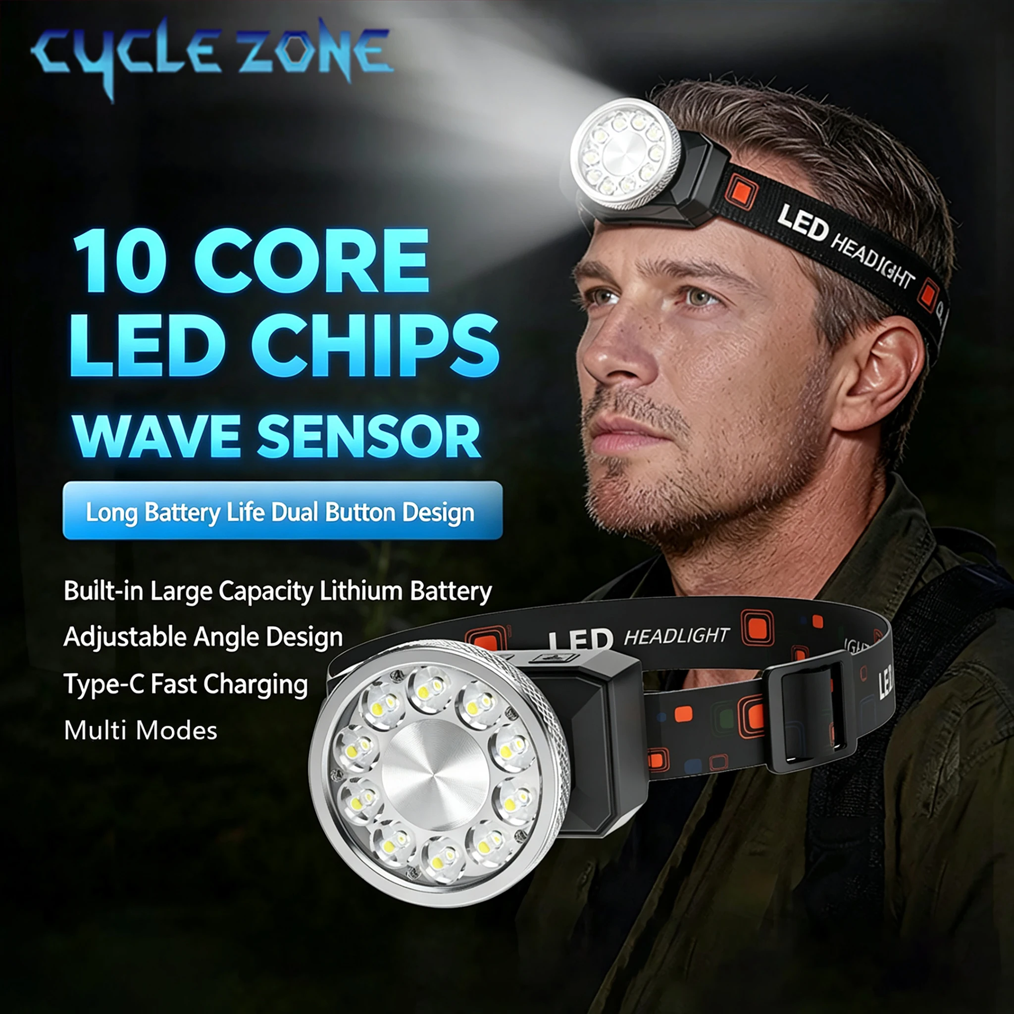 Smart Sensing Headlamp Type-C Rechargeable Adjustable Headlight 10 LED Head Flashlight Outdoor Camping Working Fishing Lantern