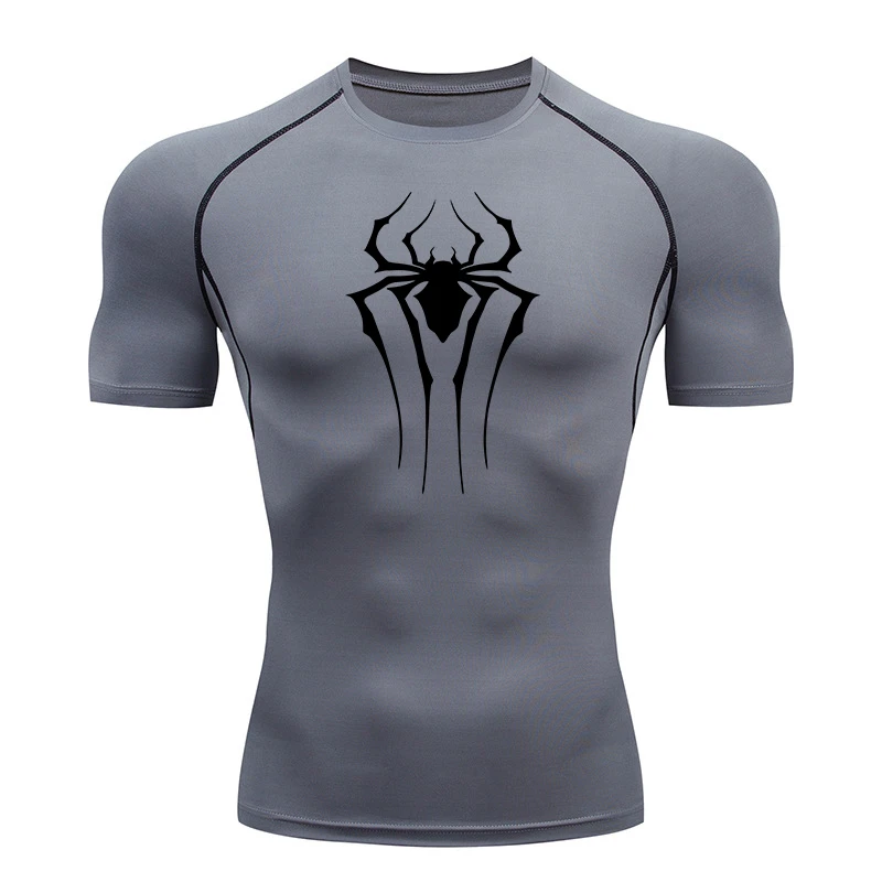 Kompressionsshirts mit Spinnen-Aufdruck für Herren, Sommer, kurzärmelig, Rashguard, Fitnessstudio, Workout, T-Shirt, sportlich, schnell trocknend, Unterhemden