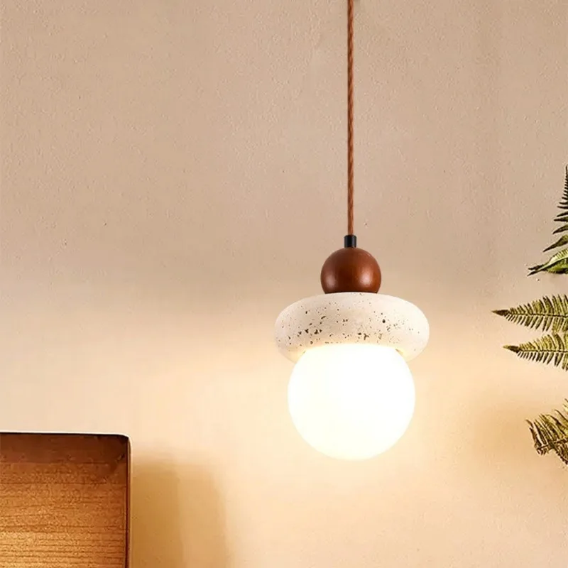 Globe White Glass LED Pendant Lights Hallway Porch Hotel Nordic Modern Yellow Travertine Wood Hang Lamp Luminaire Suspendu