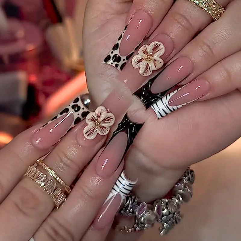 24 piezas de uñas postizas largas cuadradas con diseño francés de leopardo, cerezas 3D y estrellas, desmontables 3