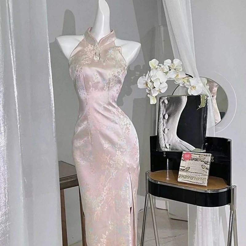 Chinese retro temperament pink cheongsam women's simple and elegant daily commuting banquet slim skirt