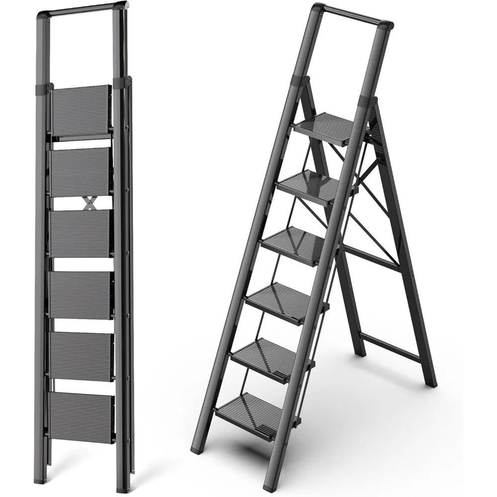 6 Step Ladder, Aluminum Folding Step Stool with Anti-Slip Sturdy and Wide Pedal, Portable Lightweight Stepladder with Convenient