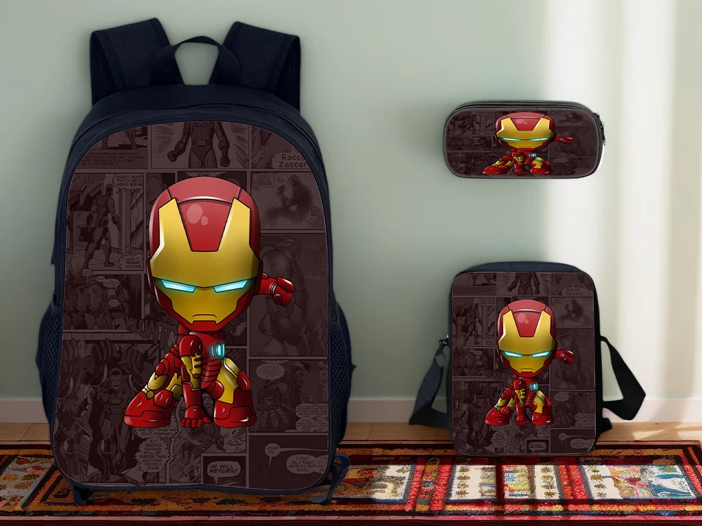 

3 in 1 Backpack Set-Elementary Boy Girl IronMan Marvel Knapsack with Waterproof Side Bag Pencil Case for School