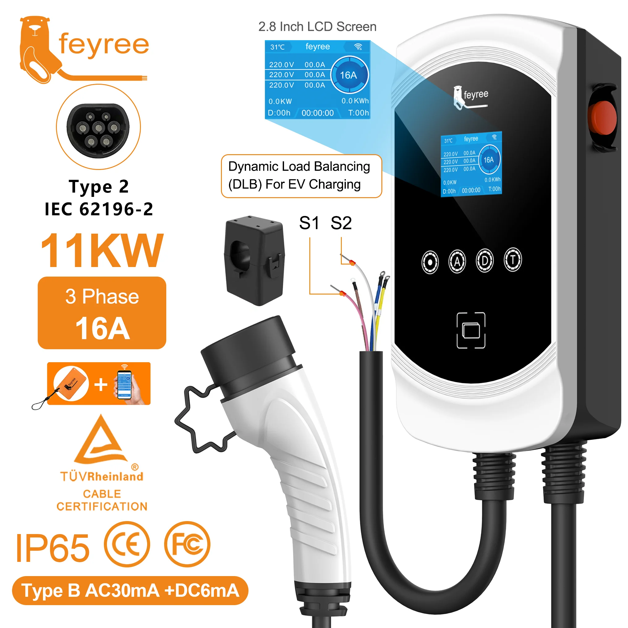 Feyree EV-oplader Type2-kabel 32A 7,6 kW dynamische belasting Blancing EVSE Wallbox APP-functie 11 kW 22 kW laadstation elektrische auto - afbeelding 1