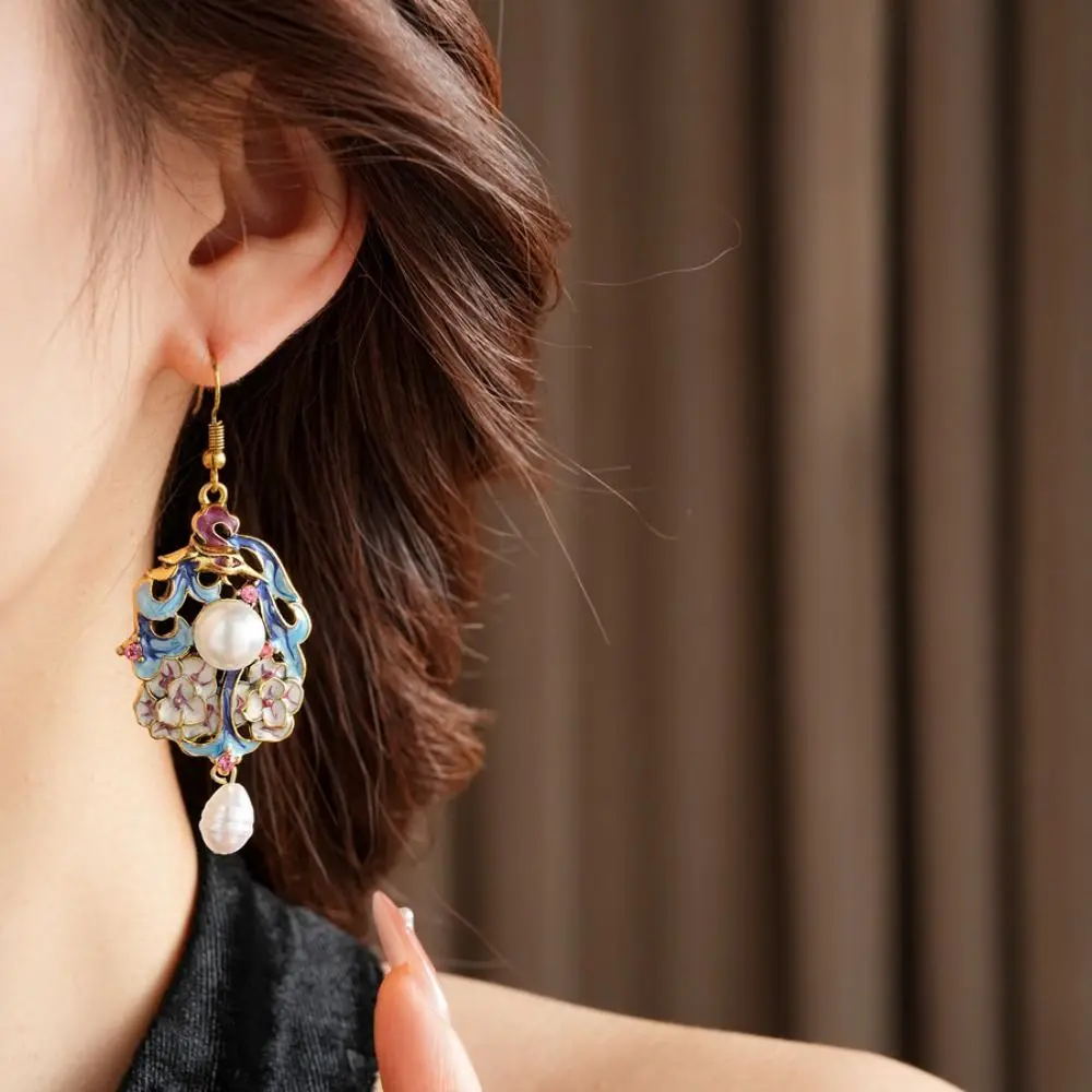 

Exquisite Cloisonne Drop Earrings Pearl Pendant Flower Vintage Earrings Ear Jewelry Accessories Oil Dripping