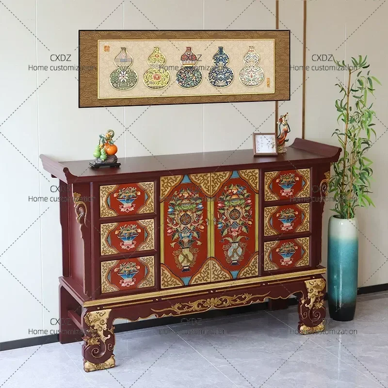 Tibetan Painted Solid Wood Table Classic Eight Treasures Entrance Console Tantra Buddhist Hall Display Desk Xizang Aesthetic