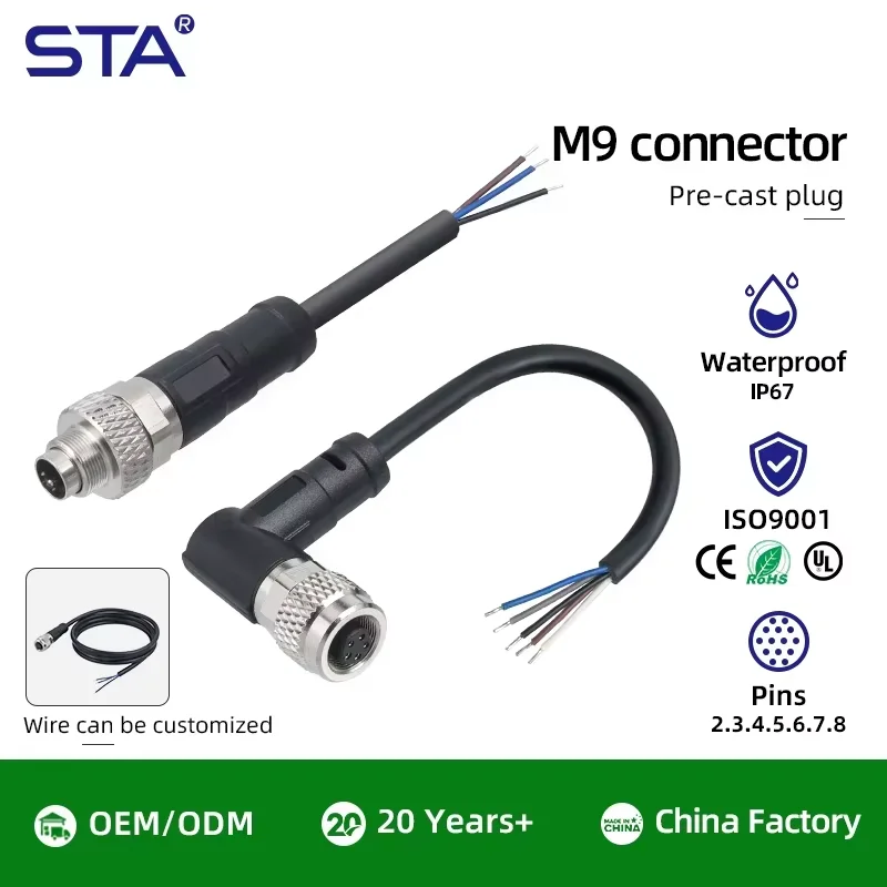 M9 IP67 Waterproof OverMolded Cable Connector Straight/Angled Male Female 2 3 4 5 6 7 8 Pins Aviation Plug Solder Wire 1M PVC