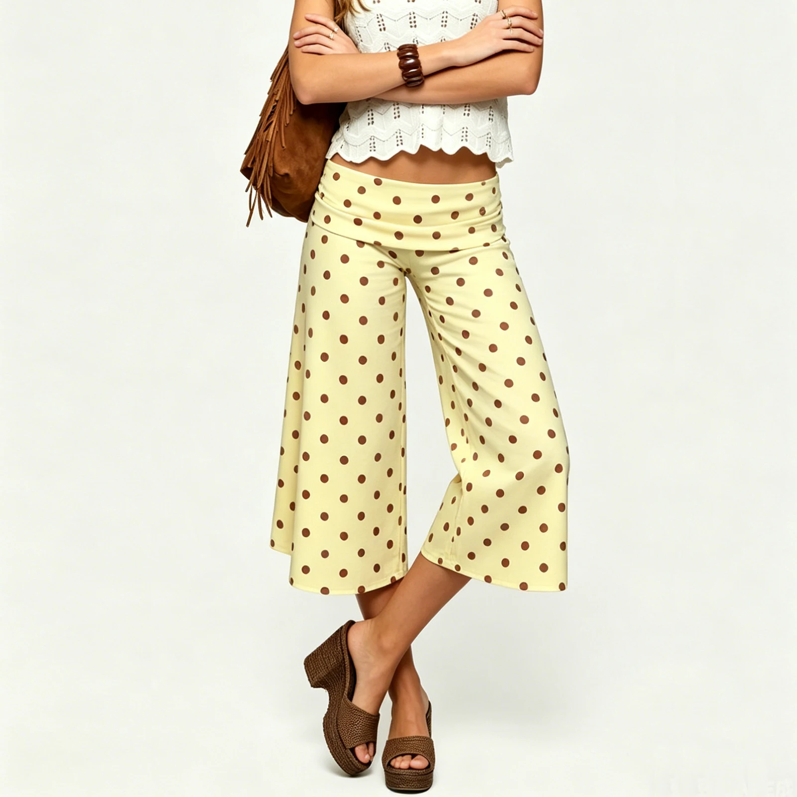 Women Polka Dot Gaucho Pants Women Fold Over Cropped Capri Pants Low Rise Yoga Capris Palazzo Wide Leg Cropped Bottoms