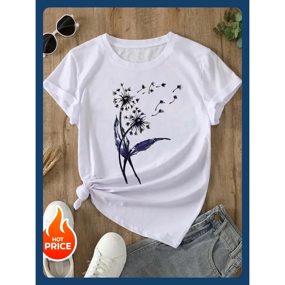 Fashion Vintage Dandelion Print Women T Shirt Casual Short Sleeves Female Top Tshirts Cartoon Graphic Lady Tee T-Shirt Y2K