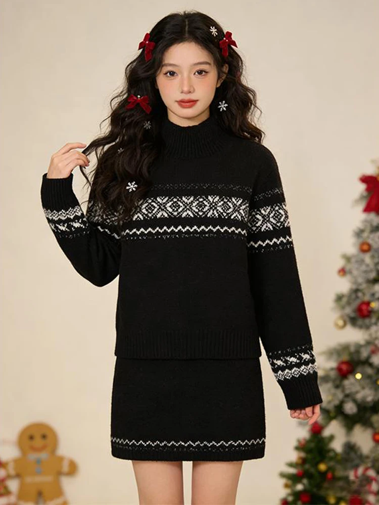 

Цветной вязаный топ и юбка, комплект из двух предметов с высоким воротником для похудения, модная зимняя модная женская одежда, повседневная одежда