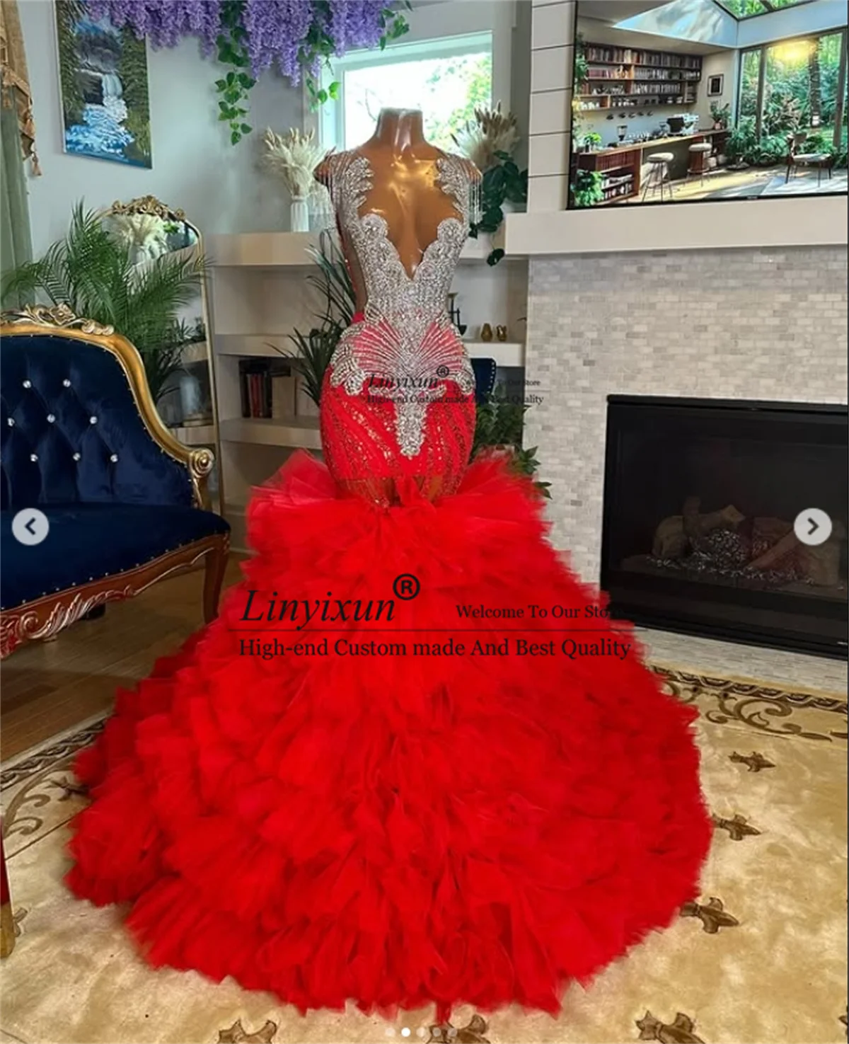 Sparkly Beaded Crystals Mermaid Prom Dresses For Black Girls Birthday Evening Party Gown Customized Ruffles Skirt Robe De Bal