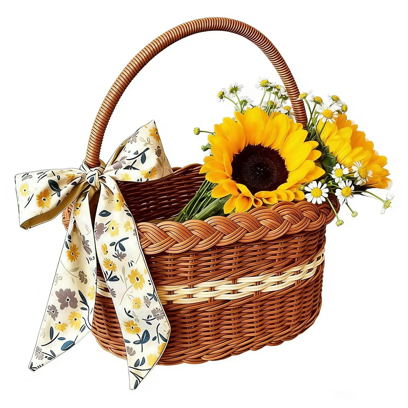 Picnic Basket Woven Hamper Imitation Rattan Market Basket with Handle and Ribbon Retro woven basket for Picnic Camping Outdoor