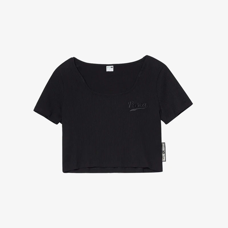 

Puma genuine 2024 new women's shoulder short fit slim elastic knitted sweater sports short sleeved shirt 538358-01