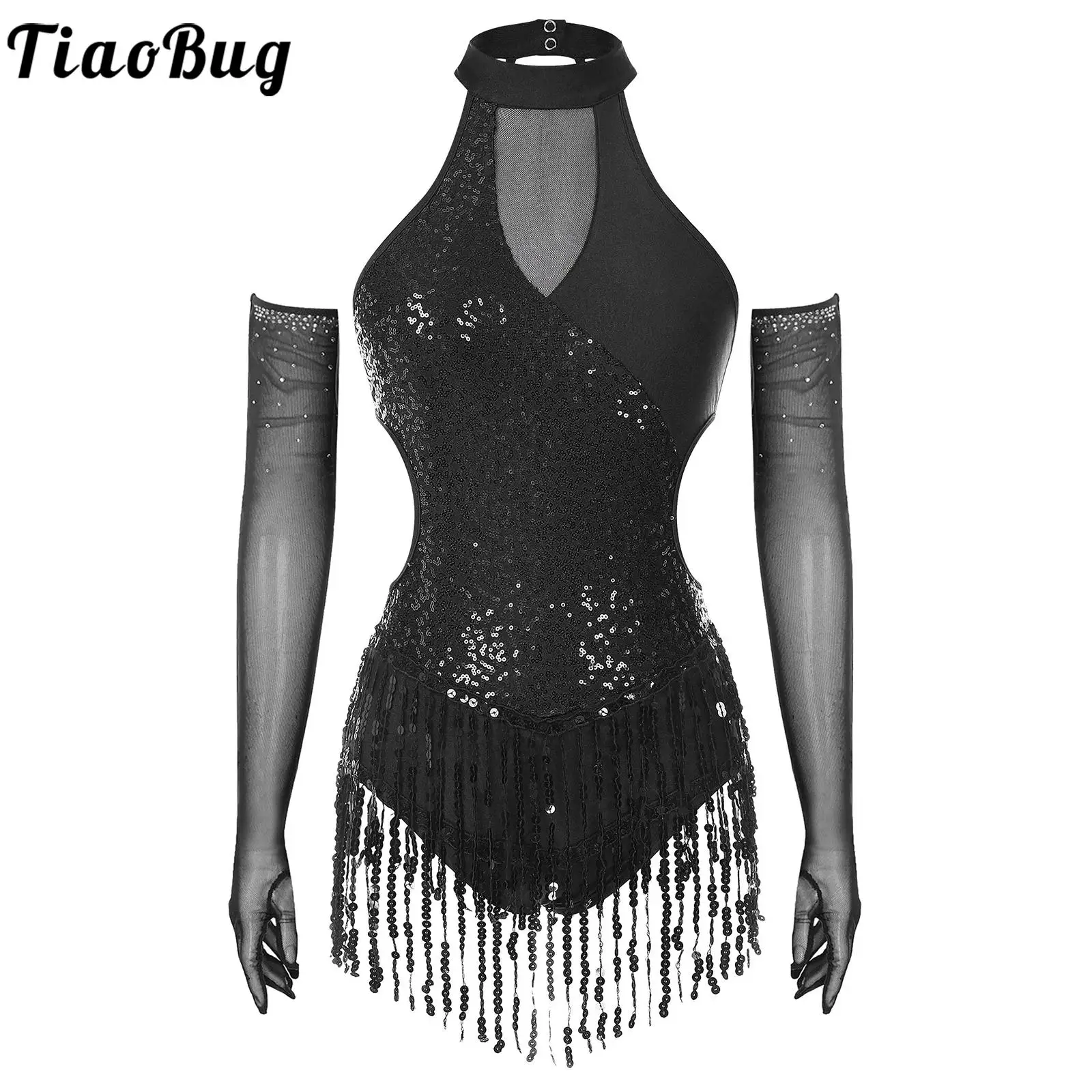 

Women Latin Jazz Dance Outfit Jumpsuit Set Sleeveless Sequined Tassel Leotard Bodysuit and Mesh Gloves Samba Dancing Costume