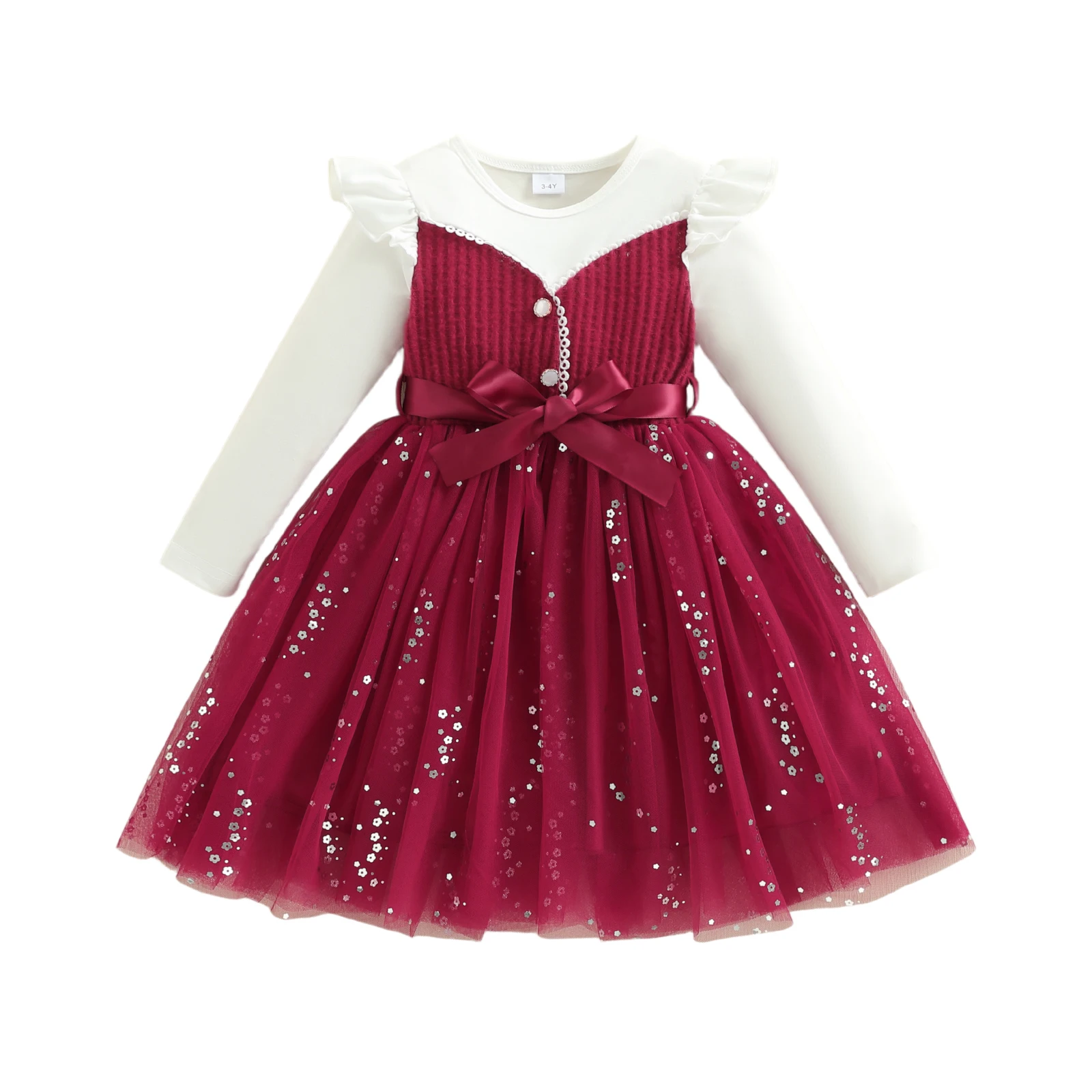 فستان الأميرة للفتيات بأكمام طويلة من الدانتيل المزين بالزهور ورقبة دائرية على شكل حرف A فستان كاجوال للخريف مع تفاصيل ترتر ولهجة فيونكة #2