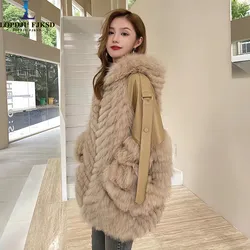 Hooded Faux Fox Fur Coat for Women,Korean Long Jackets,Spliced Thicken Overcoat, Casual,Zipper,Female Clothe, New, Winter, 2023