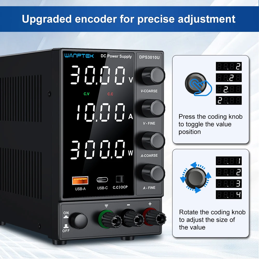 Einstellbares DC-Labornetzteil mit 4 Positionen, 30V 5A, 30V 10A, 220V/115V AC-Schaltwandler, USB/Tape-C-Schnellladung – Detail 7