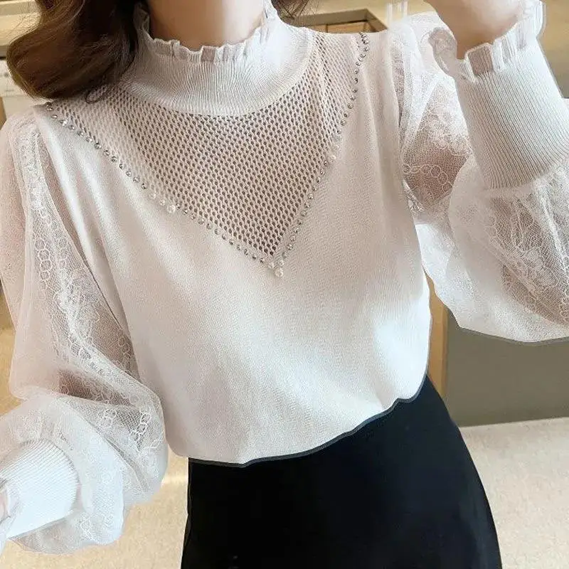 Elegant Solid Color Long Sleeve Beading Blouse Female Clothing Gauze Lace Stylish Spring Autumn Spliced Half High Collar Shirt